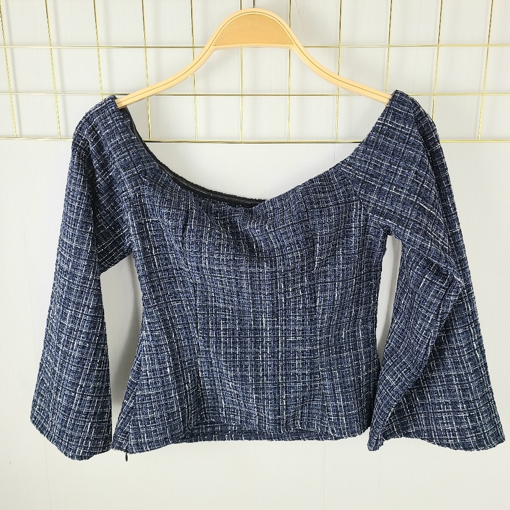 Zara Navy Blue Tweed Off The Shoulder Top - Picture 3 of 10